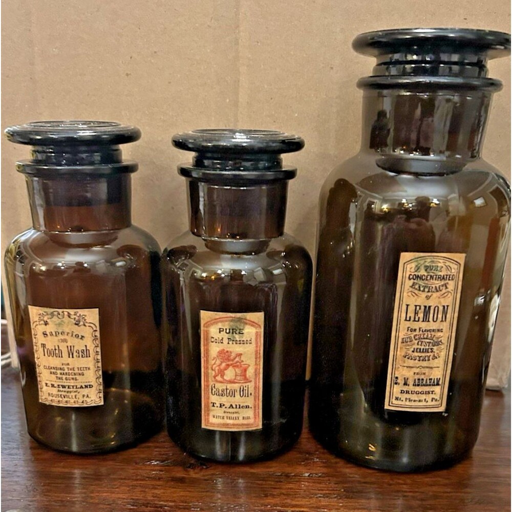 Vintage or Antique Medicine Bottles: Lemon, Tooth Wash, Castor Oil